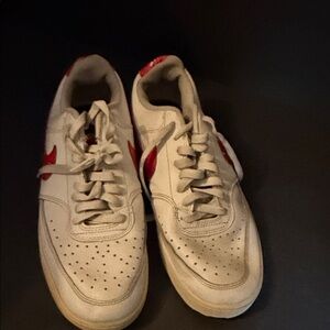 Nike White Leather Sneakers with Red Swoosh